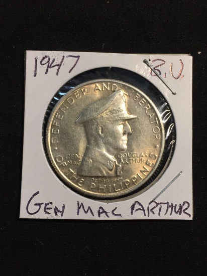 1947 Philippines 1 Peso Silver Foreign Coin - General MacArthur