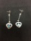 Heart Motif 43mm Long 13mm Wide Pair of Sterling Silver Dangle Earrings w/ Round Faceted 5mm Blue