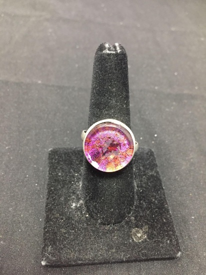 Round 17mm Purple Foil Backed Resin Center Sterling Silver Ring Band