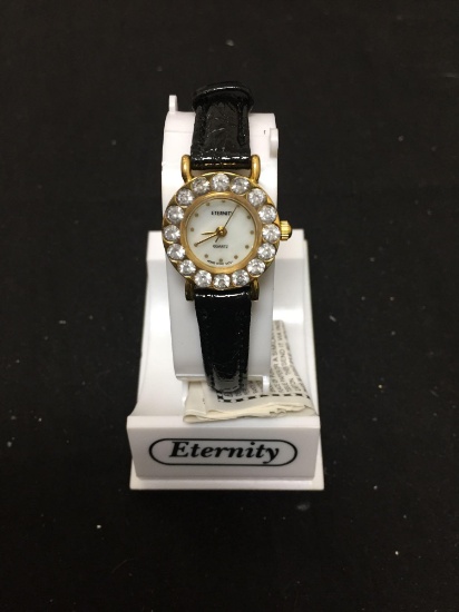 Brand New Eternity Designer Round 20mm Rhinestone Accented Gold-Tone Bezel Stainless Steel Watch w/