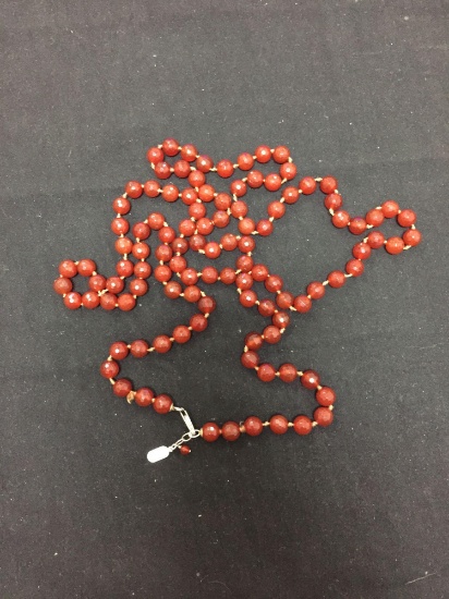 Round Briolette Faceted 8mm Garnet Bead Hand-Strung 44in Long Necklace w/ Sterling Silver Lobster