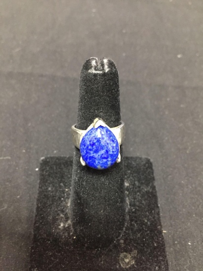 Pear Fashioned 15x12x6mm Lapis Cabochon Center Gem Wide Band Sterling Silver Ring Band