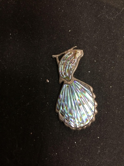 Seashell Motif Carved Abalone 37mm Long x 20mm Wide Signed Designer Sterling Silver Brooch