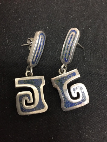 Broken Edge Lapis Inlaid Old Pawn Mexico Tribal Design 45mm Long x 15mm Wide Pair of Sterling Silver