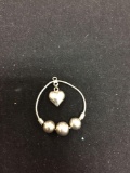 Handmade 25mm Diameter Triple Bead Ball & Heart Charm Accented Sterling Silver Pendant