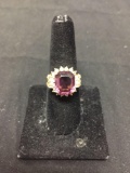 Radiant Shaped 12x10mm Purple Glass Center w/ Round & Baguette CZ Sides 18Kt Gold Plated Signed