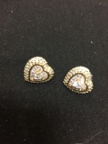 Heart Faceted CZ Center w/ Tapered Baguette & Round Faceted CZ Double Halo 16x15mm Gold-Tone Pair of