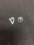 Lot of Two Sterling Silver Charms, One Crown Motif 13mm Tall & V Heart Motif 17mm Tall