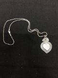 Detailed 40x30mm Heart Motif Large Sterling Silver Pendant w/ 18in Long Bead Ball Chain