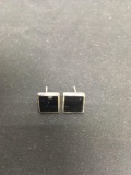 Square 12x12mm Onyx Inlaid Pair of Sterling Silver Button Earrings