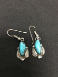 Old Pawn Native American Style Turquoise Cabochon Accented Leaf Design 23x13mm Pair of Sterling