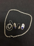 Lot of Five Sterling Silver Items, One 12in Long Broken Rope Chain, One Three-Tier Unmatched