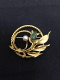 Sarah Covington Designer Round 38mm Leaf Motif Gold-Tone Fashion Brooch w/ Tumbled Jade & Pearl