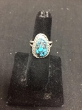 Rope Frame Detailed Oval 13x9mm Turquoise Center Split Shank Old Pawn Native American Sterling