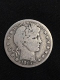 1913-S United States Barber Half Dollar - RARE 90% Silver Coin - 0.361 ASW