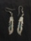 Old Pawn Native American Feather Design 44mm Long 10mm Wide Pair of Sterling Silver Drop Earrings w/