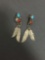 Old Pawn Native American Feather Design 45mm Long Pair of Sterling Silver Drop Earrings w/ Turquoise