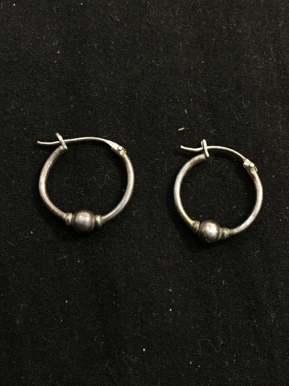 Rounded 15mm Diameter 1.5mm Wide w/ Round 4mm Ball Detail Pair of Sterling Silver Hoop Earrings