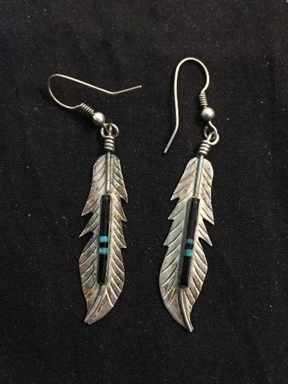 Old Pawn Native American Feather Design 44mm Long 10mm Wide Pair of Sterling Silver Drop Earrings w/