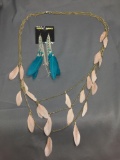 Lot of Two Dyed Natural Feather Featured Fashion Alloy Jewelry, One 5in Long Pair of Earrings & 34in