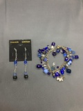 Lot of Two Cobalt Blue Colored Beaded Hand-Strung Fashion Jewelry, One 7in Long Bracelet & 3in Long