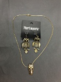 Lot of Two Owl Themed Gold-Tone Fashion Jewelry Items, One Pair of Earrings & One 18in Long Necklace