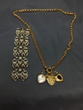 Lot of Two Gold-Tone Fashion Alloy Jewelry, One 30in Long Heart Themed Joan Rivers Designer Necklace
