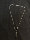 Italian Made Sterling Silver 18in Long Drop Necklace w/ Round Onyx Beads & Marcasite Accented Star