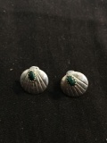 Round 13mm Diameter Clamshell Design w/ Oval Malachite Cabochon Center Pair of Sterling Silver