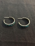 Broken Edge Turquoise Inlaid 20mm Diameter 6mm Wide Pair of Sterling Silver Old Pawn Mexico Hoop