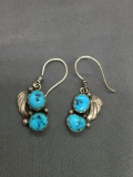 Oval & Round Tumbled Turquoise Centers Old Pawn Native American 21mm Long 13mm Wide Pair of Sterling