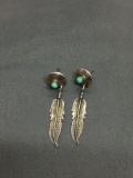 Old Pawn Native American Feather Drop Detailed 40mm Long 10mm Wide Pair of Sterling Silver Drop