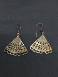 Laser-Carved & Filigree Lace Detailed Chinese Fan Design 26mm Long 25mm Wide Pair of Sterling Silver