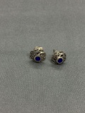 Round 11mm Diameter Swirl Halo Detailed Round Lapis Cabochon Center Pair of Sterling Silver Button