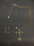 OhiPop Designer Gemstone Studded Lot of Two Necklace & Earrings, 28in Long Alloy Necklace Vibrant