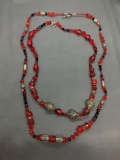 Lot of Two Hand-Strung Red-Tone & Balinese Design Beads w/ Sterling Silver Toggle Clasp, One 30in