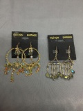 Lot of Two Hand-Strung Gold-Tone Multi-Colored Beaded Pairs of Fashion Alloy Chandelier Earrings