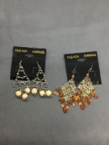 Lot of Two Hand-Strung Silver & Gold-Tone Multi-Colored Beaded Pairs of Fashion Alloy Chandelier