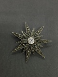 Judith Jack Designer Milgrain Marcasite Detailed 40mm Diameter Snowflake Sterling Silver Brooch w/