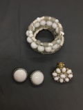 Lot of Three White Resin Featured Jewelry, One 3in Diameter Beaded Coil Bracelet, One Rhinestone