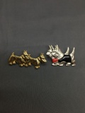 Lot of Two Scottish Terrier Themed Fashion Alloy Brooches, One Silver-Tone 1.75in Long & Gold-Tone