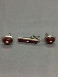Lot of Two Matched Set Red Resign Gem & CZ Accented Fashion Jewelry, One 2in Long Tie Clip & Pair of