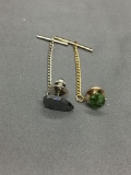 Lot of Two Various Size & Styled Silver & Gold-Tone Fashion Tie Pins w/ Hematite or Malachite Gem