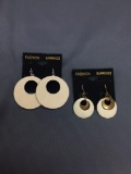 Lot of Two Faux Ivory Styled Pairs of Fashion Disc Style Earrings, One 1.0in Diameter & One 1.75in