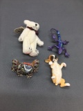 Lot of Four Various Size & Style Animal Theme Figurines, One Fimo Frog, Gecko Brooch, Puppy Figurine