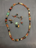 Lot of Two Matched Set Polished Multi-Colored Agate Beaded Hand-Strung 26in Necklace & 7in Bracelet