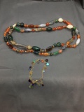 Lot of Two Matched Set Polished Multi-Colored Agate Beaded Hand-Strung 42in Necklace & 7in Bracelet