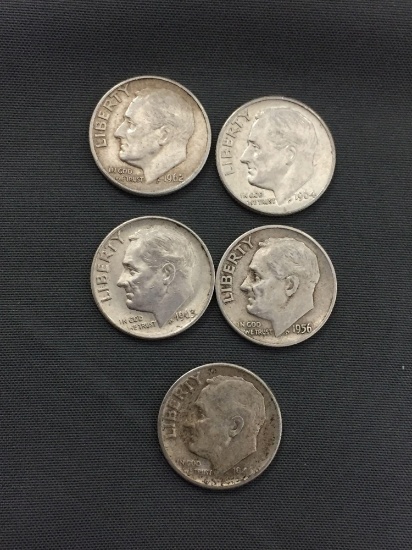 5 Count Lot of United States Roosevelt Silver Dimes - 90% Silver Coin from Estate