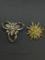 Lot of Two Floral Design Fashion CZ Accented Alloy Brooches One 50mm Diameter & One 55mm Diameter