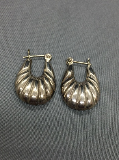 Oval Shaped Scallop Detailed 28mm Long 6mm Wide Pair of Sterling Silver Hoop Earrings